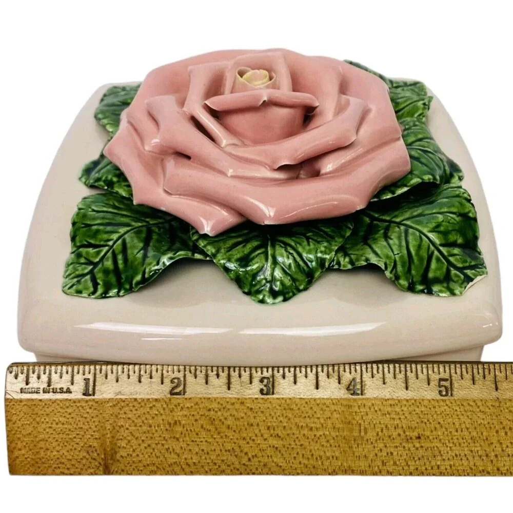Vintage Valley Vista California Pottery Ceramic Lidded Trinket Box Raised Rose